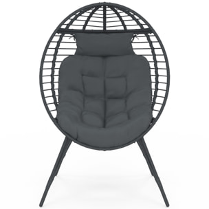 Fauteuil œuf sur pied effet rotin gris avec coussin