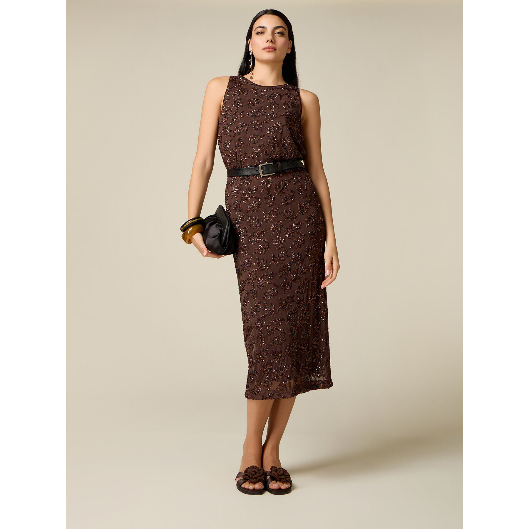 Oltre - Gonna tubino in tulle con paillettes - Marrone