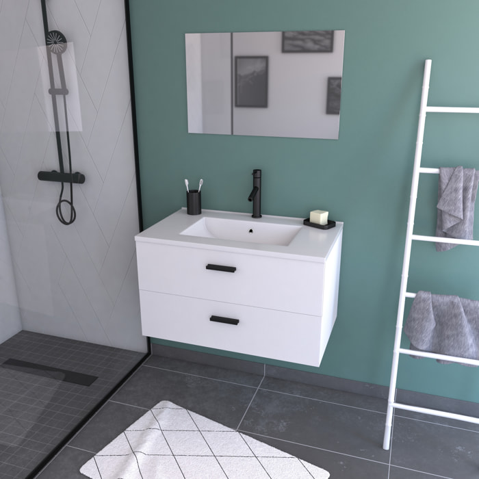 Meuble salle de bain 80 cm suspendu 2 tiroirs Blanc avec vasque et miroir - BOX-IN