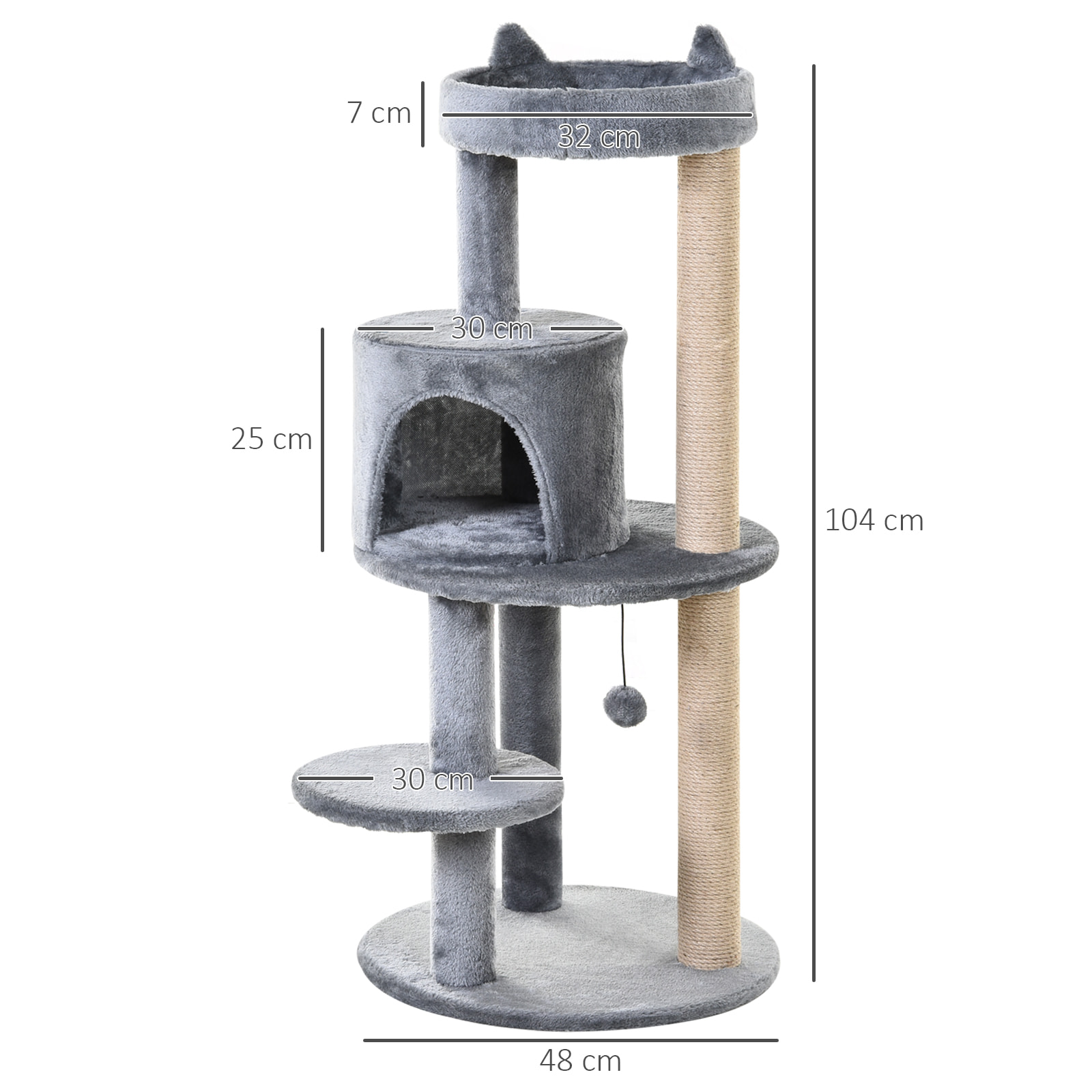 Arbre à chats multi-équipements griffoirs grattoirs plateformes niche jeu boule suspendue Ø 48 x 104H cm gris