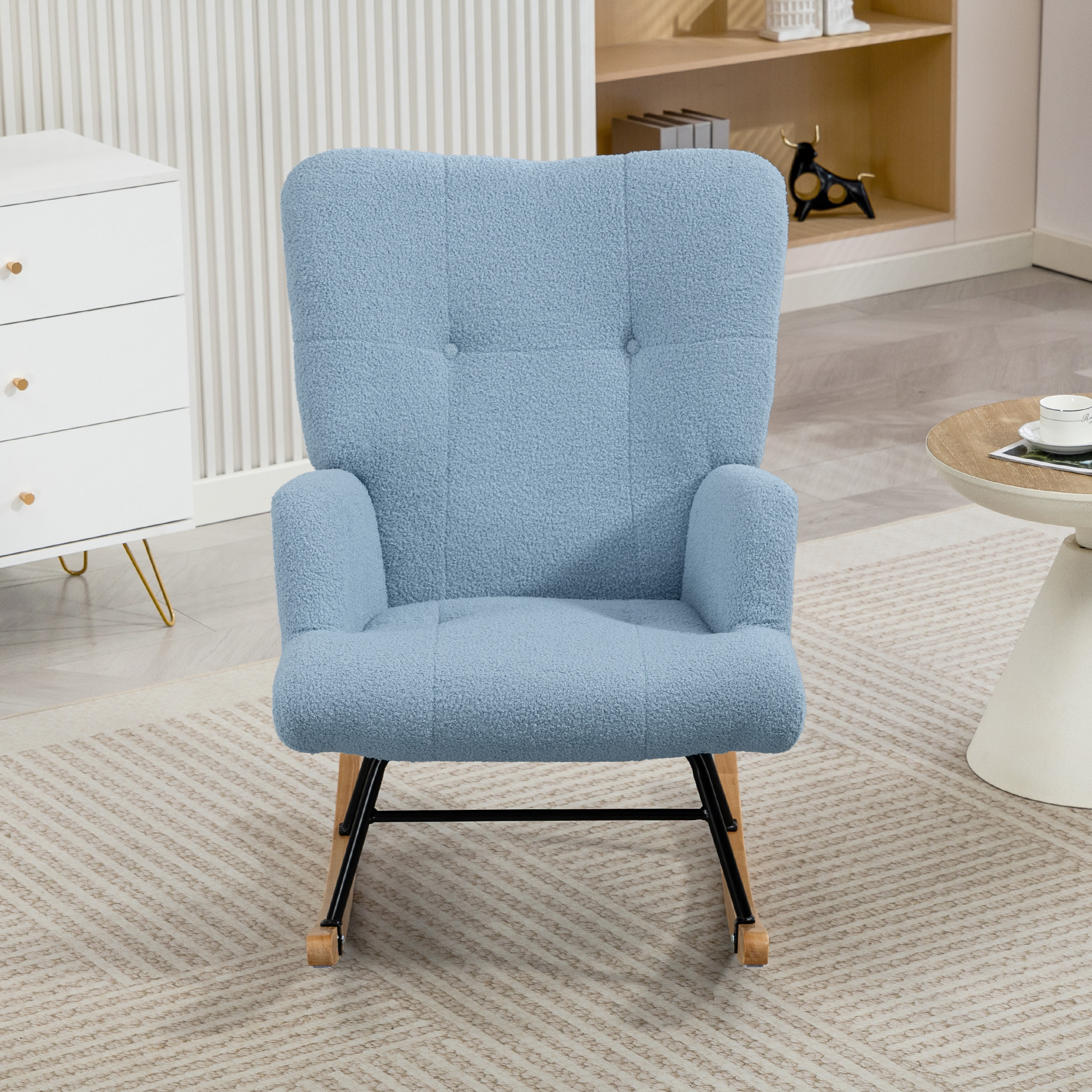 Silla Mecedora, Mecedora de Terciopelo de Teddy con Respaldo Alto, Patas de Madera de Caucho, Reposabrazos, Estilo Moderno, Sillón de Lactancia, Carga 120 kg, para Dormitorio, Salón, Azul Claro
