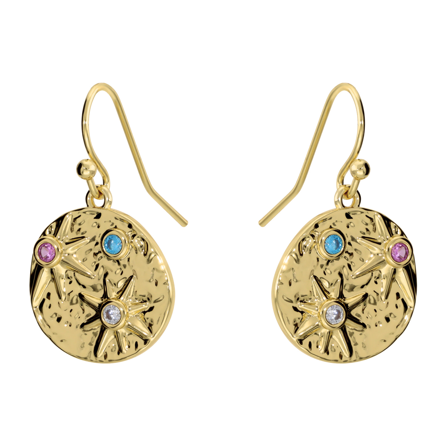 Orecchini Pendenti Tondi con Stelle in Rilievo e Cubic Zirconia Colorate