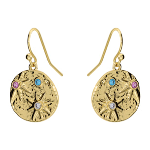 Orecchini Pendenti Tondi con Stelle in Rilievo e Cubic Zirconia Colorate