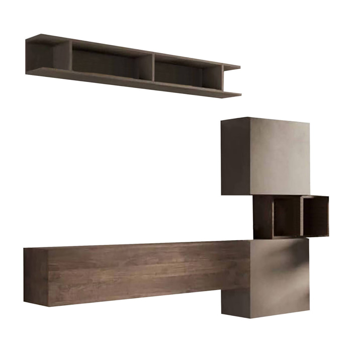 Parete attrezzata Goni, Composizione soggiorno, Mobile salotto multiuso, Armadio porta TV, Made in Italy, 215x30 h190 cm, Noce e Grigio