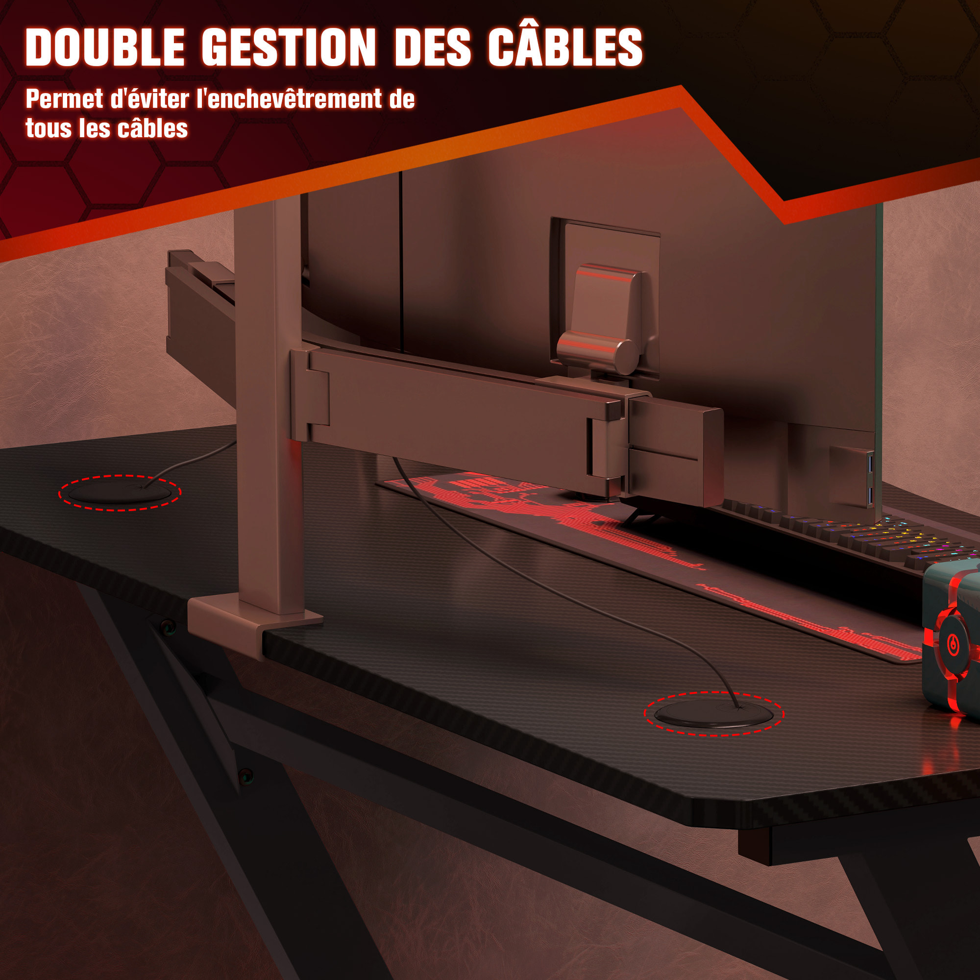 Bureau gaming plateau effet fibre de carbone dim. 120L x 65l cm bracket casque porte-gobelet passe-câble noir