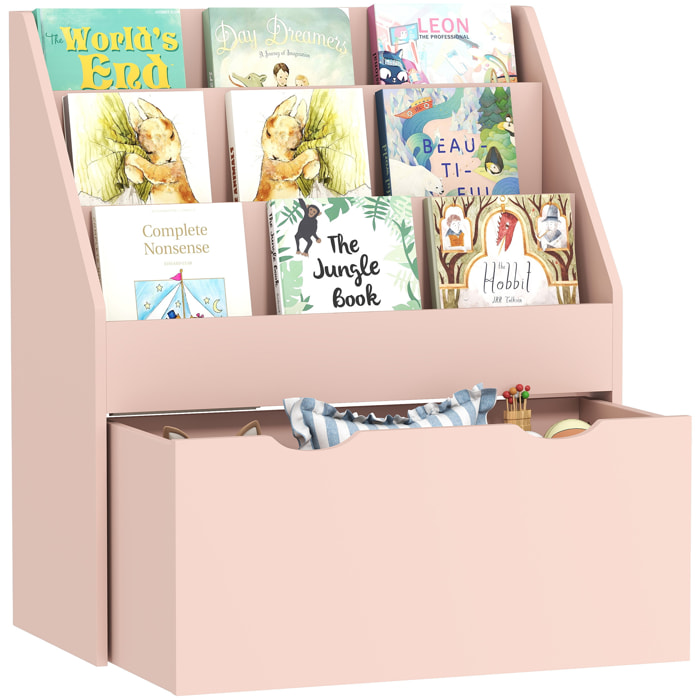 Estantería de Juguetes con 3 Compartimentos, Librería Infantil, Caja de Juguetes Móvil, Cajón con Ruedas, Multifuncioanl, para Dormitorio, Guardería, Sala de Juegos, Rosa