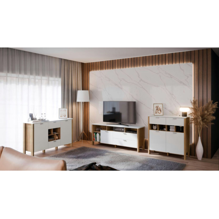 Meuble TV 162cm 2 tiroirs 1 porte 4 niches décor gris clair - BOLERO