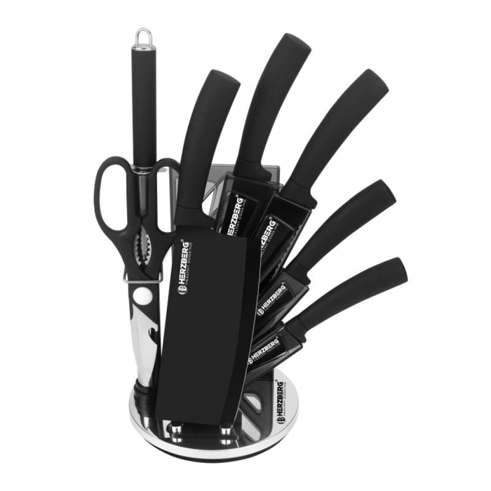 Set de couteaux avec support 8 pièces noir Herzberg HGMSN8BLK