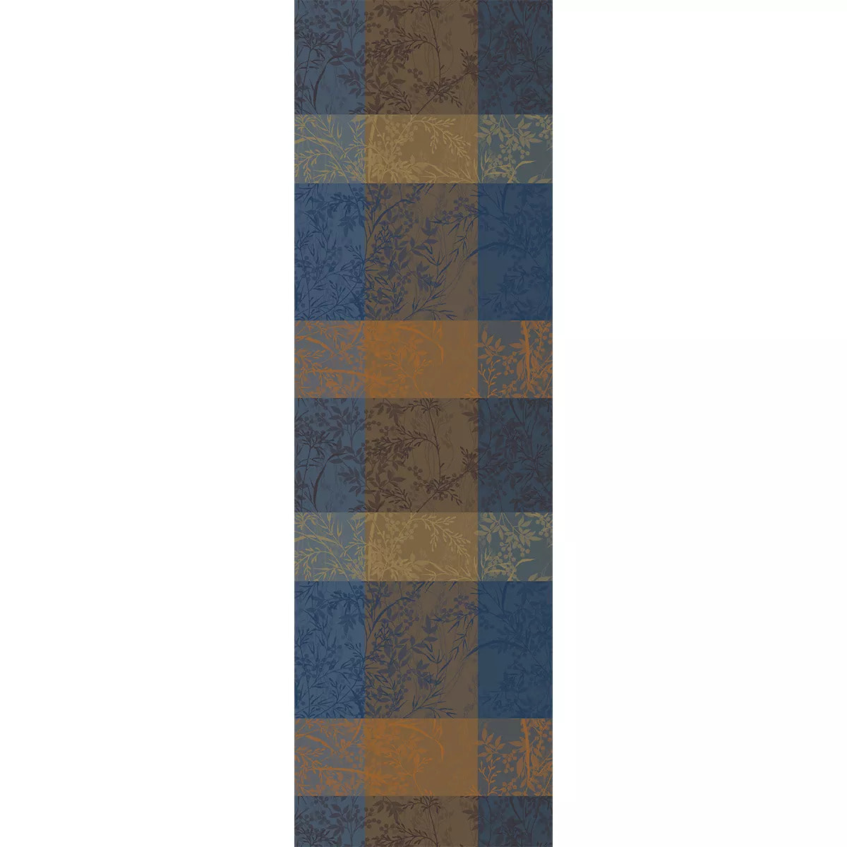 Chemin de table pur coton 220 g/m² motif jacquard bleu brun Mille branchages crepuscule