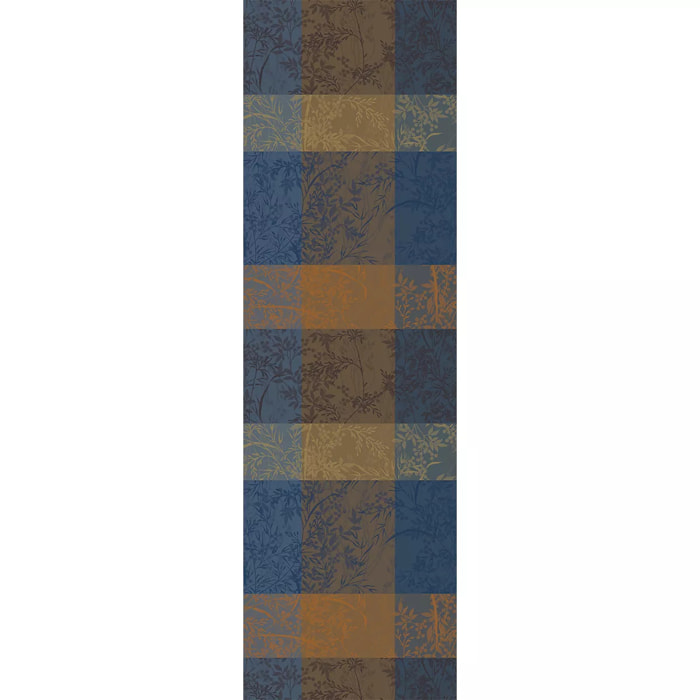 Chemin de table pur coton 220 g/m² motif jacquard bleu brun Mille branchages crepuscule