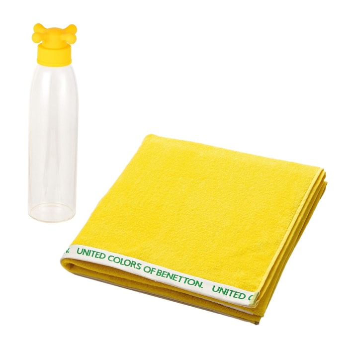 Set toalla de playa amarilla 90x160cm 100% algodón + botella de agua 500ml Benetton