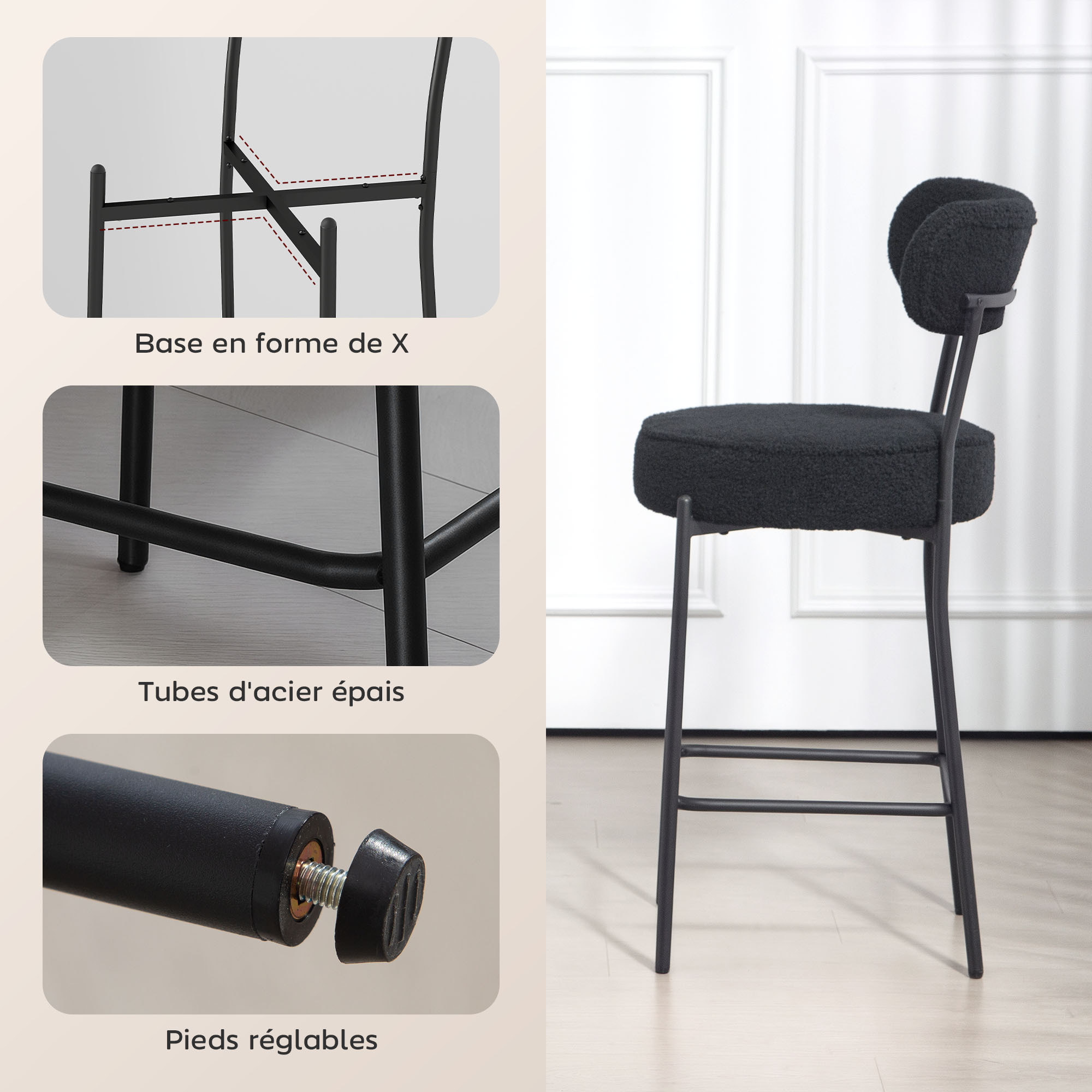 Lot de 2 tabourets de bar en tissu bouclé assise H.68 cm - lot de 2 chaises de bar - acier noir