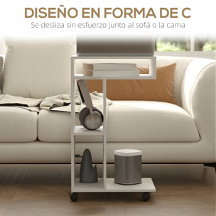 Mesa Auxiliar Multifuncional en Forma de C Mesa Auxiliar para Sofá con Ruedas Compartimentos Abiertos Mesita Auxiliar para Salón Dormitorio Oficina 40x30x69 cm Blanco