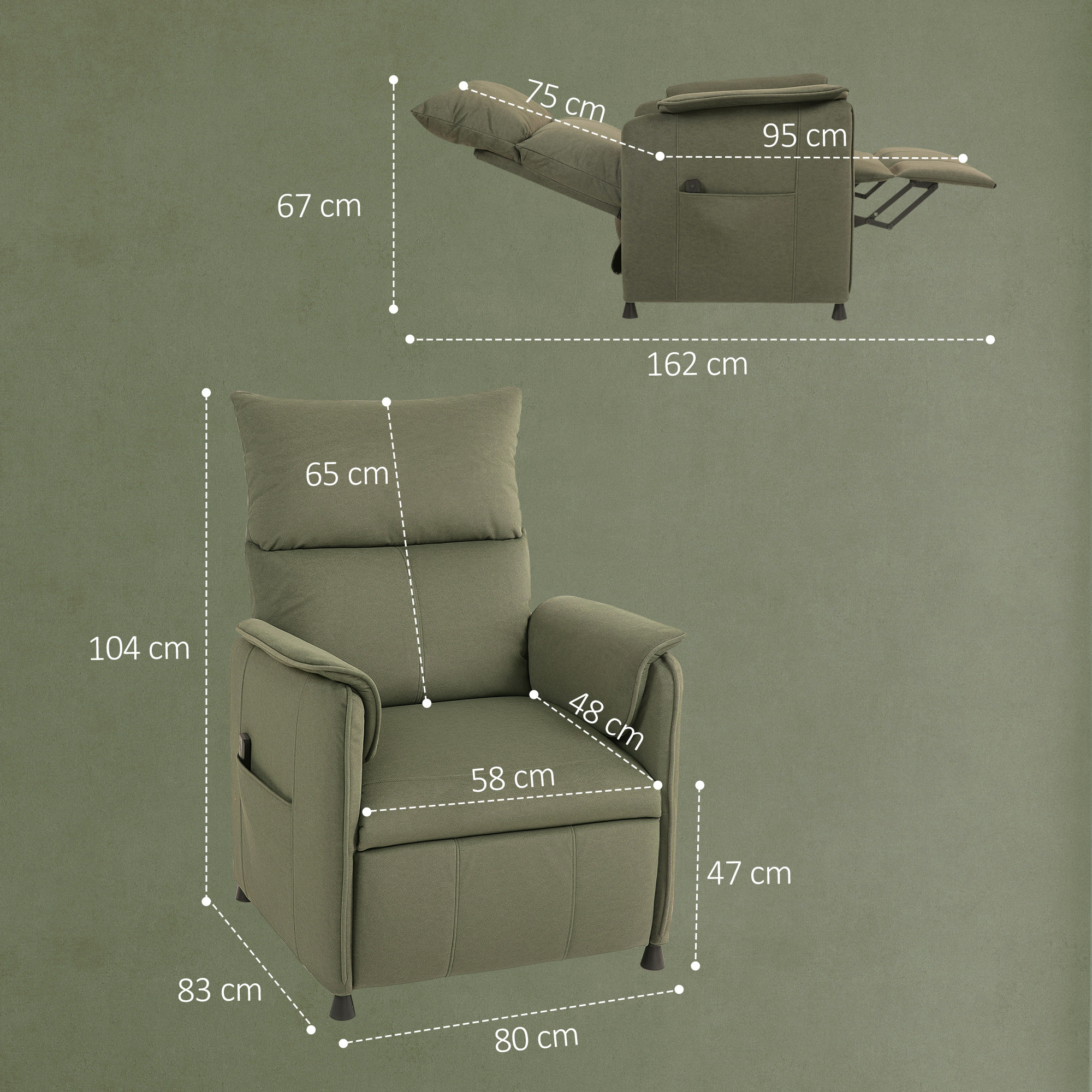 Sillón Relax Reclinable Eléctrico Sillón Reclinable Silencioso con Función Memoria Reposapiés Mando a Distancia Bolsillos Laterales Tela Apto para Mascotas para Dormitorio Salón Verde Oscuro