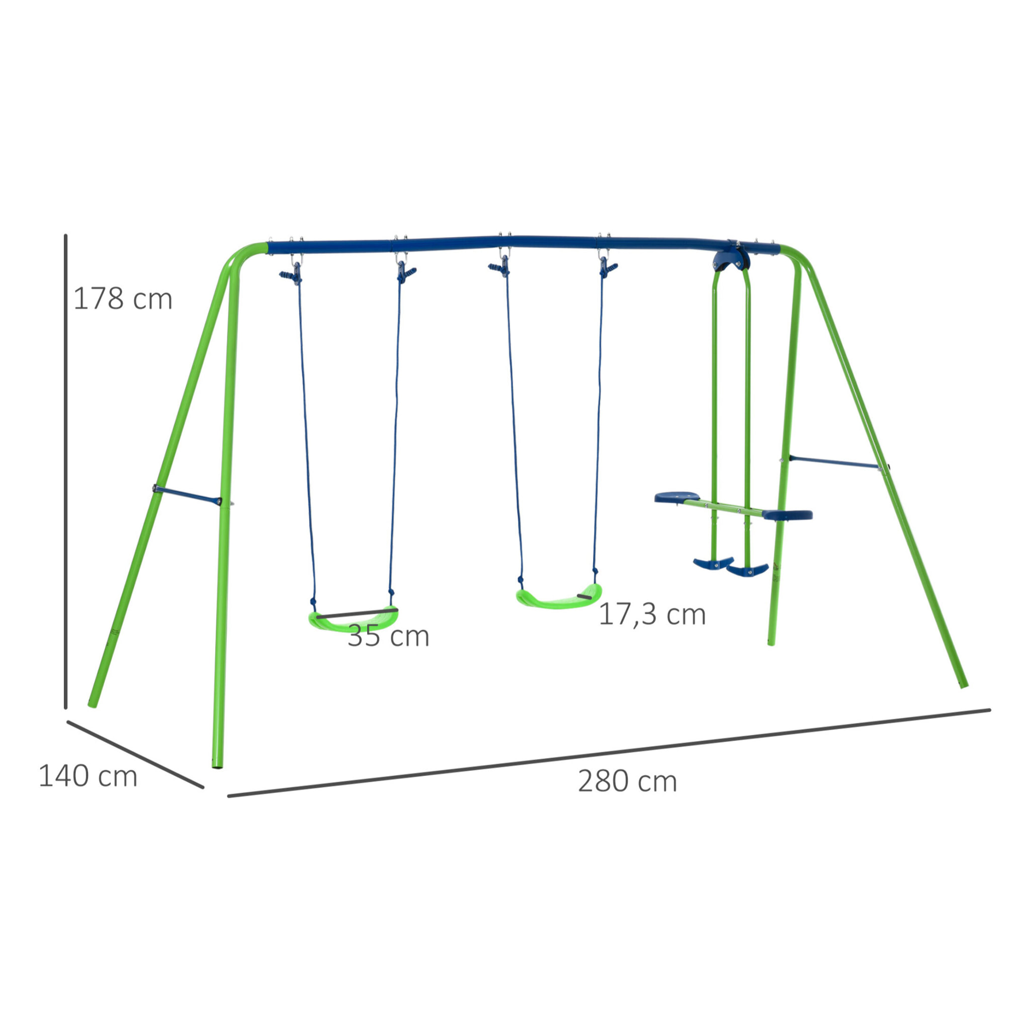 Juego de Columpios de Jardín de Metal con Altura Ajustable Columpios para Niños de +3 Años con Columpio Doble Balancín para Patio Terraza 280x140x178 cm Verde