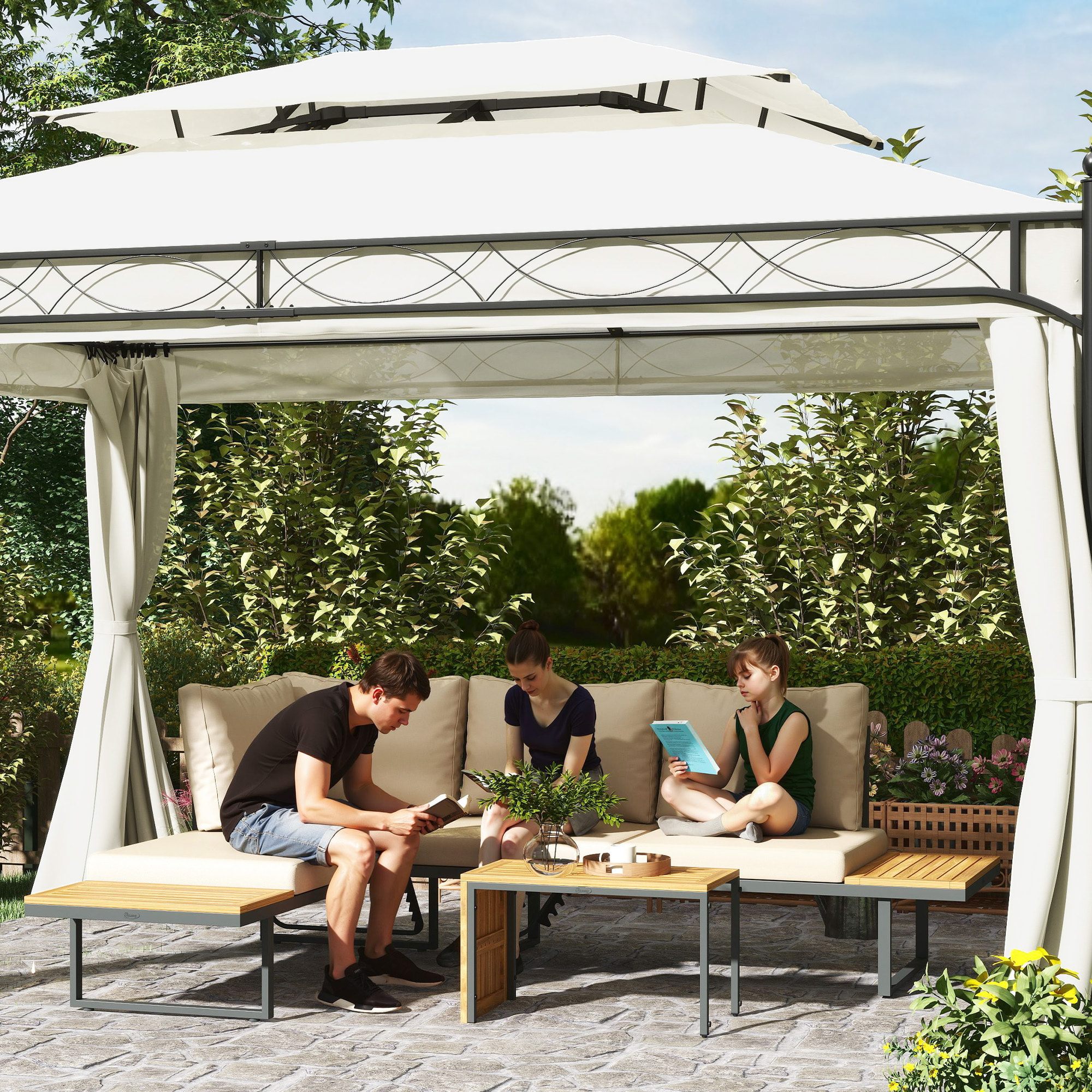 Conjunto de Muebles Jardín Exterior Sofás de Exterior en Forma de L Tumbona con 2 Sofás de 3 Plazas Asiento Ajustable y Mesa de Madera de Acacia Versátil con Cojines Beige y Gris