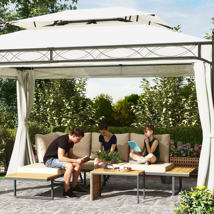 Conjunto de Muebles Jardín Exterior Sofás de Exterior en Forma de L Tumbona con 2 Sofás de 3 Plazas Asiento Ajustable y Mesa de Madera de Acacia Versátil con Cojines Beige y Gris