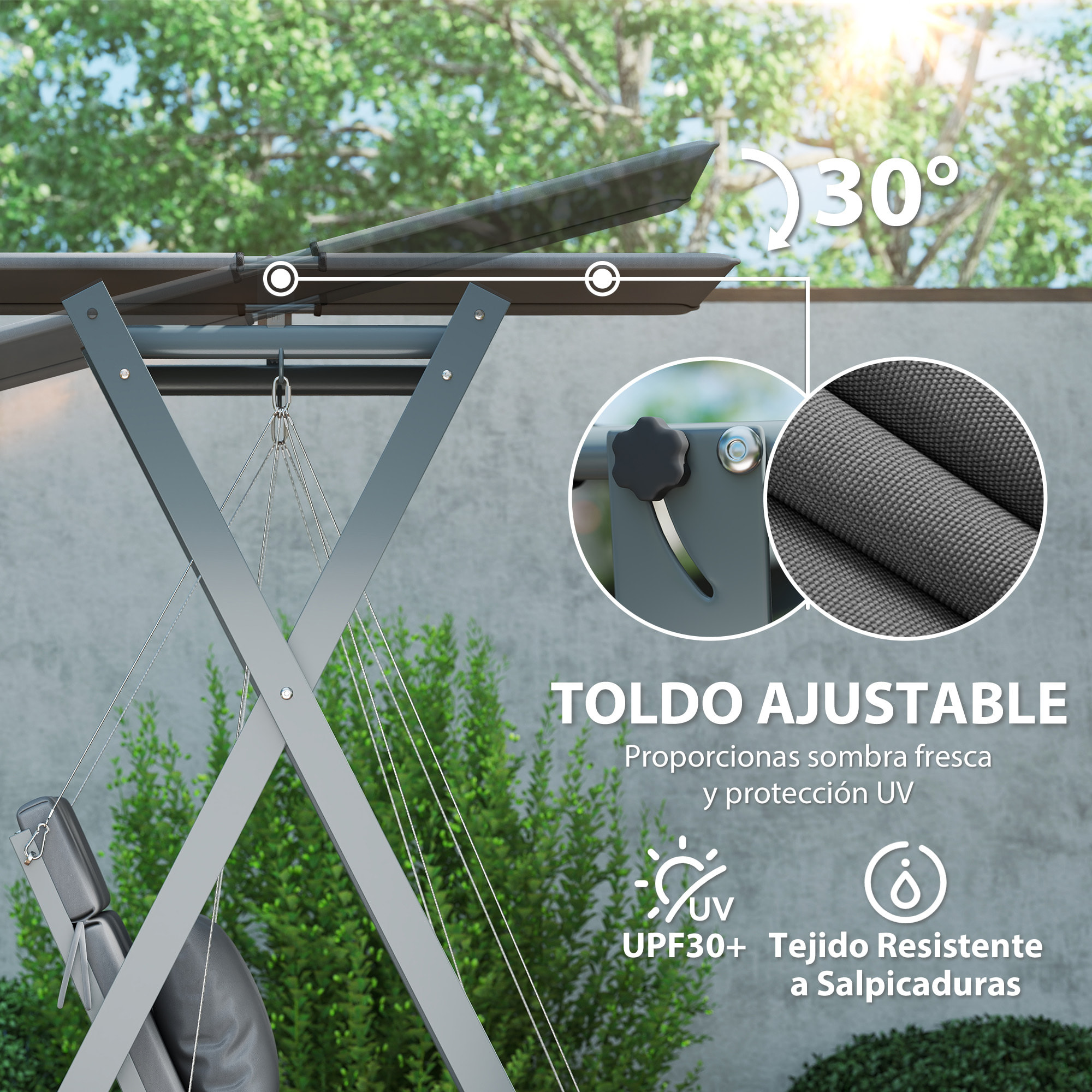 Columpio de Jardín Exterior de 2 Plazas Balancín de Jardín Exterior Convertible en Cama con Toldo Ajustable Protección UV30+ y Cojines Carga 220 kg 142x130x168 cm Gris Oscuro