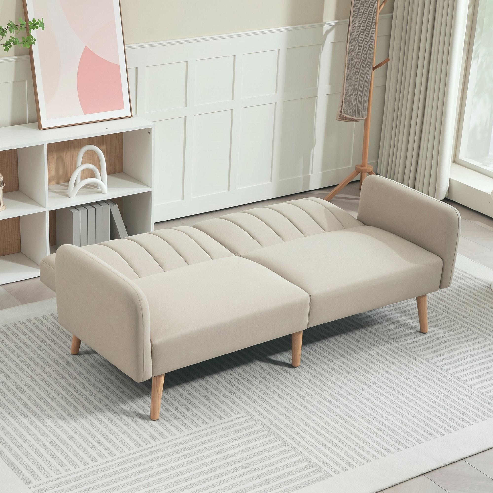 Sofá Cama de 2 Plazas Moderno 173x75x73 cm Sofá Cama Plegable Tapizado en Lino Sintético con Respaldo Ajustable en 3 Niveles y Reposabrazos Desmontables para Salón Oficina Beige