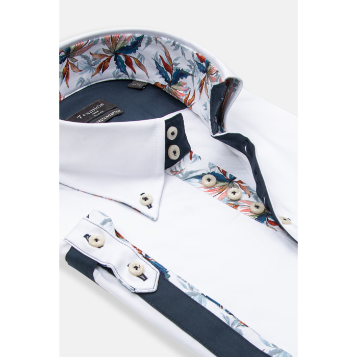 Camicia Uomo Manica Corta 2 Bottoni Button Down 7 Botto Popeline Stretch Unito Bianco