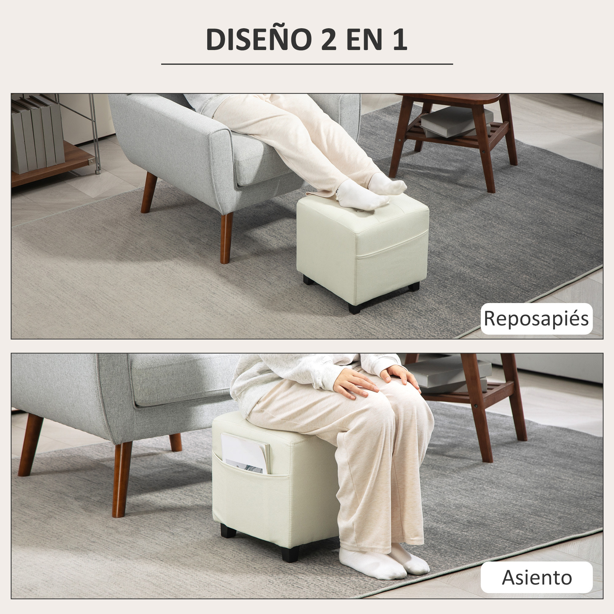Reposapiés de Salón Taburete Bajo Tapizado en Lino Otomana Cuadrada con Bolsillo Lateral Tapa con Botones Acolchados y Marco de Madera para Sala de Estar Dormitorio Crema