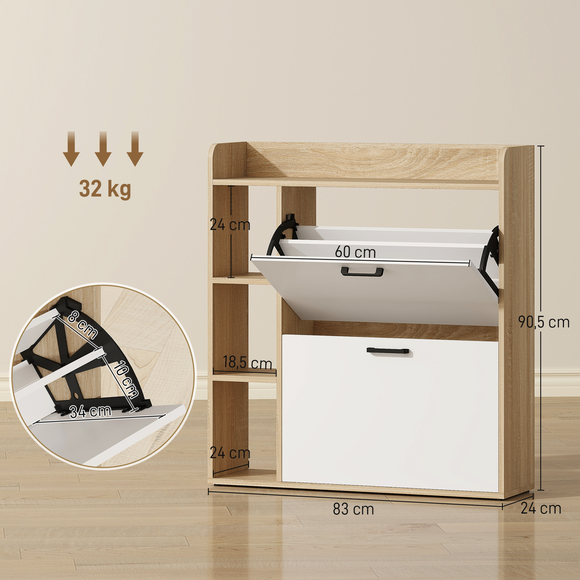 Zapatero Estrecho 2 Puertas, Zapatero Entrada Recibidor con 3 Estantes Laterales y Estantes Ajustables, para 15 Pares de Zapatos, para Pasillo, Espacio Reducido, 83x24x90,5 cm, Natural y Blanco