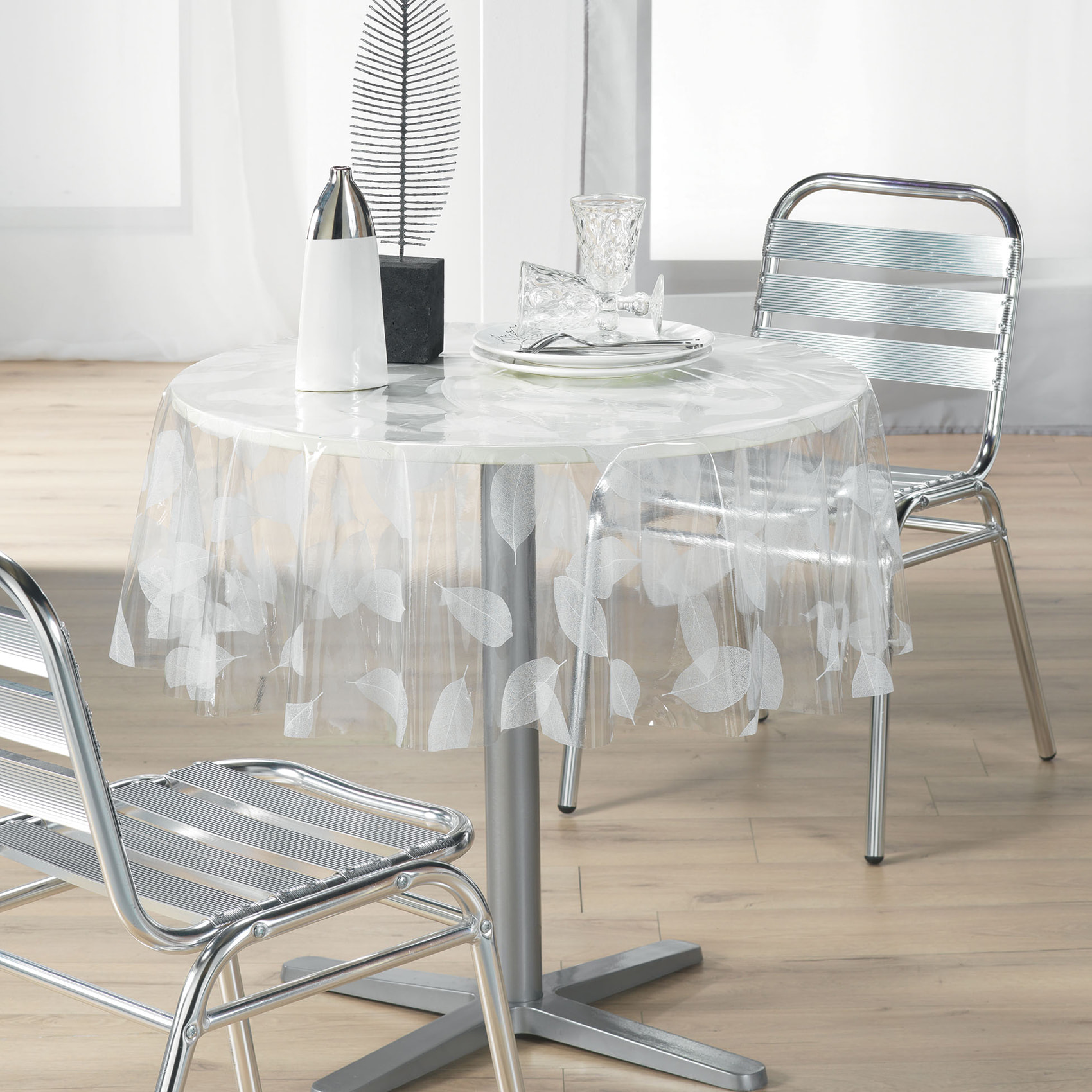 Nappe ronde transparente print feuilles - Blanc