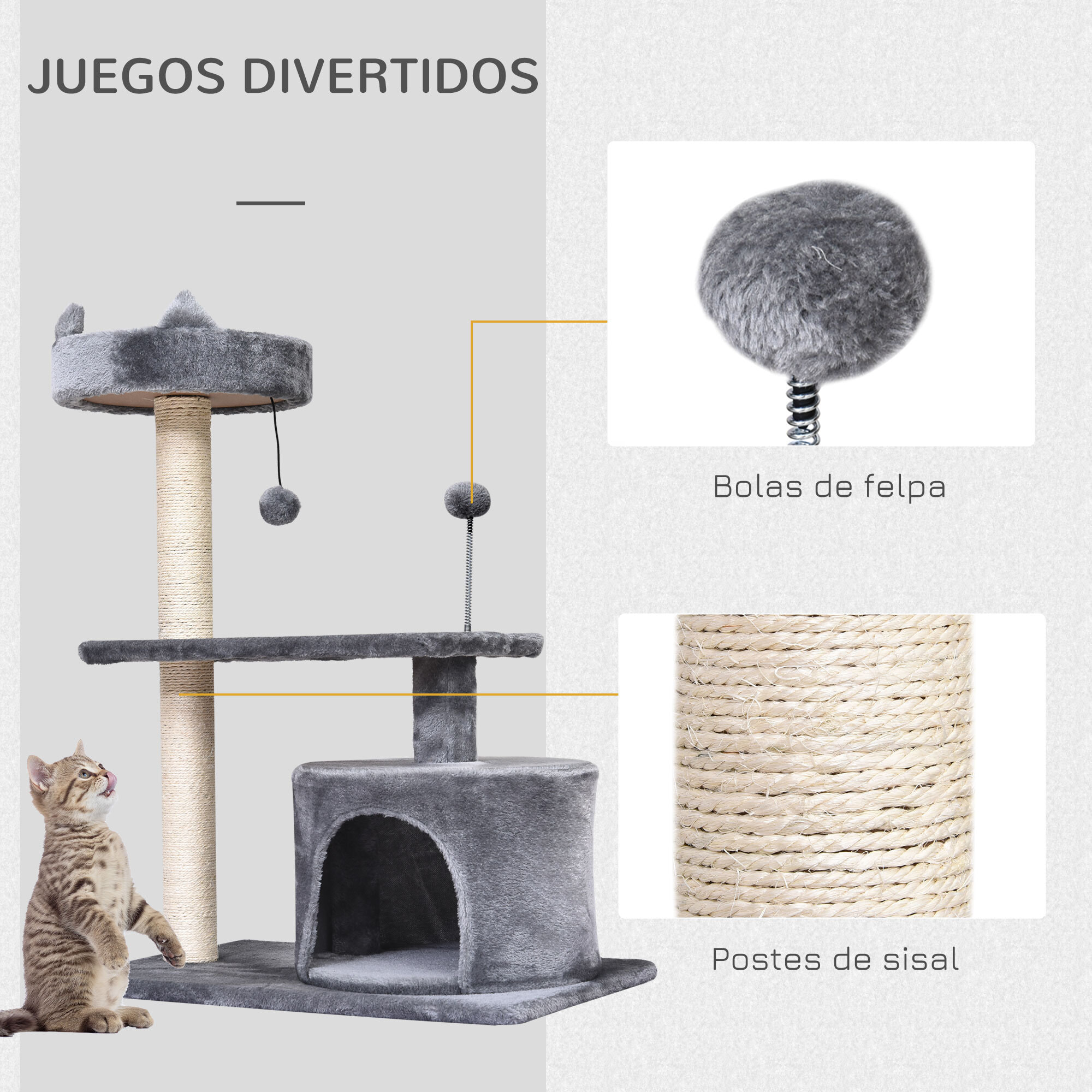 Árbol Rascador para Gatos 81 cm Torre para Gatos Medianos con Cama Plataforma Refugio Poste de Sisal y Bolas de Juguete 60x40x81 cm Gris