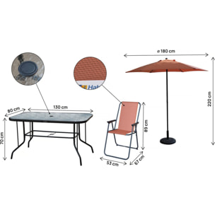 Table et chaises de jardin avec parasol en métal "Convivia" - 6 places - Terracotta