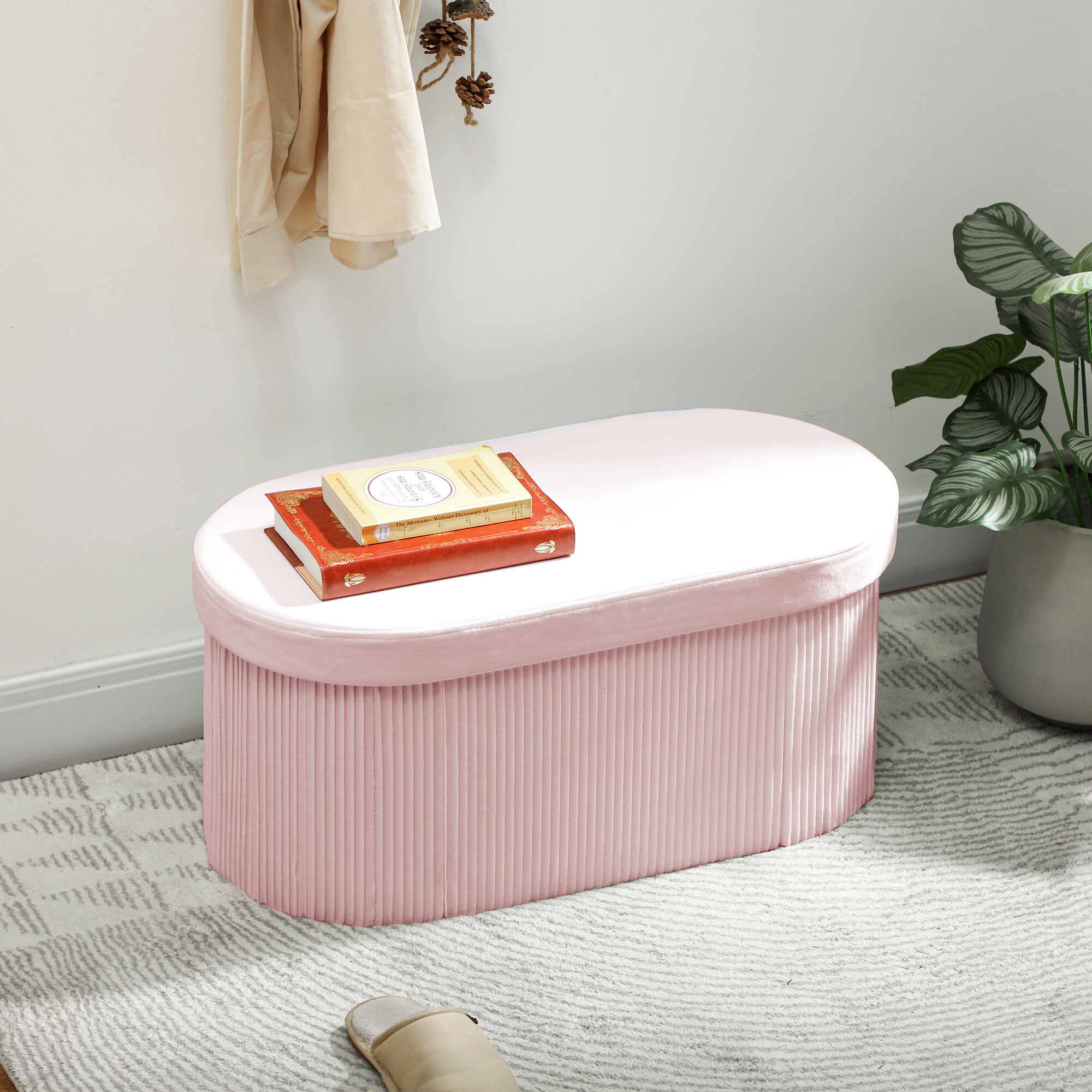 Puff Almacenaje, Banco Almacenaje Plegable, 72 L, 76x38x35 cm, Tapizado en Terciopelo, Baúl de Almacenamiento, Carga 120 kg, Taburete para Sala de Estar, Dormitorio, Entrada, Rosa