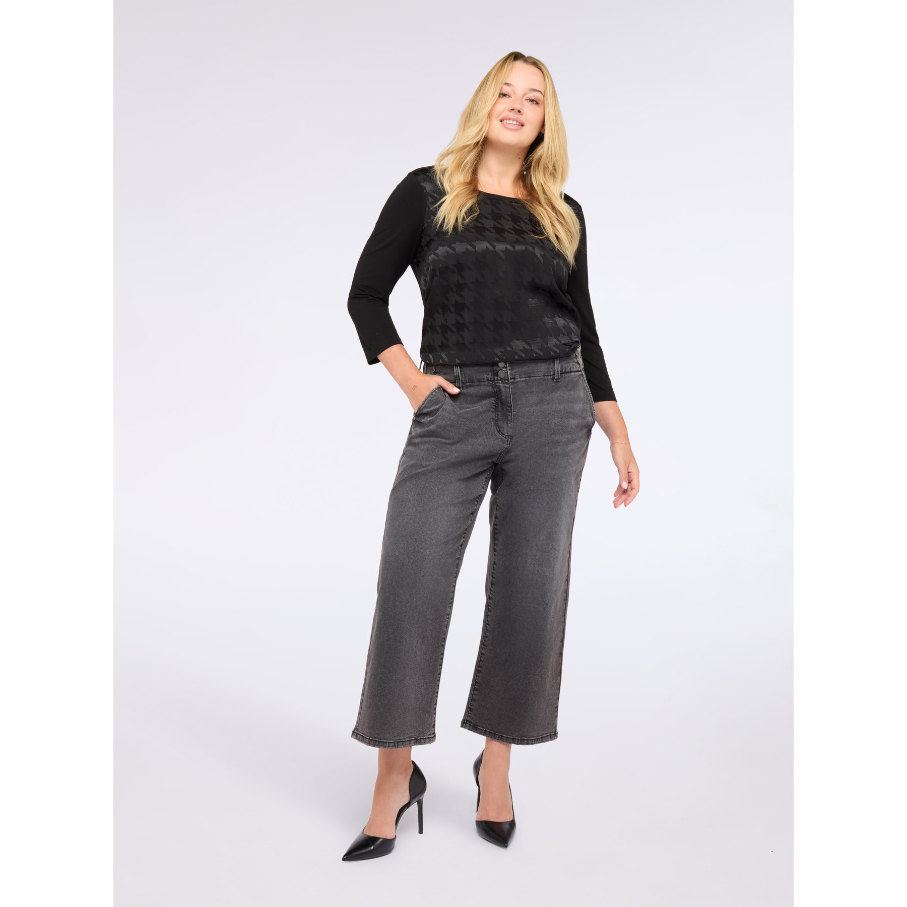 Fiorella Rubino - T-shirt bimaterica con motivo pied-de-poule - Nero