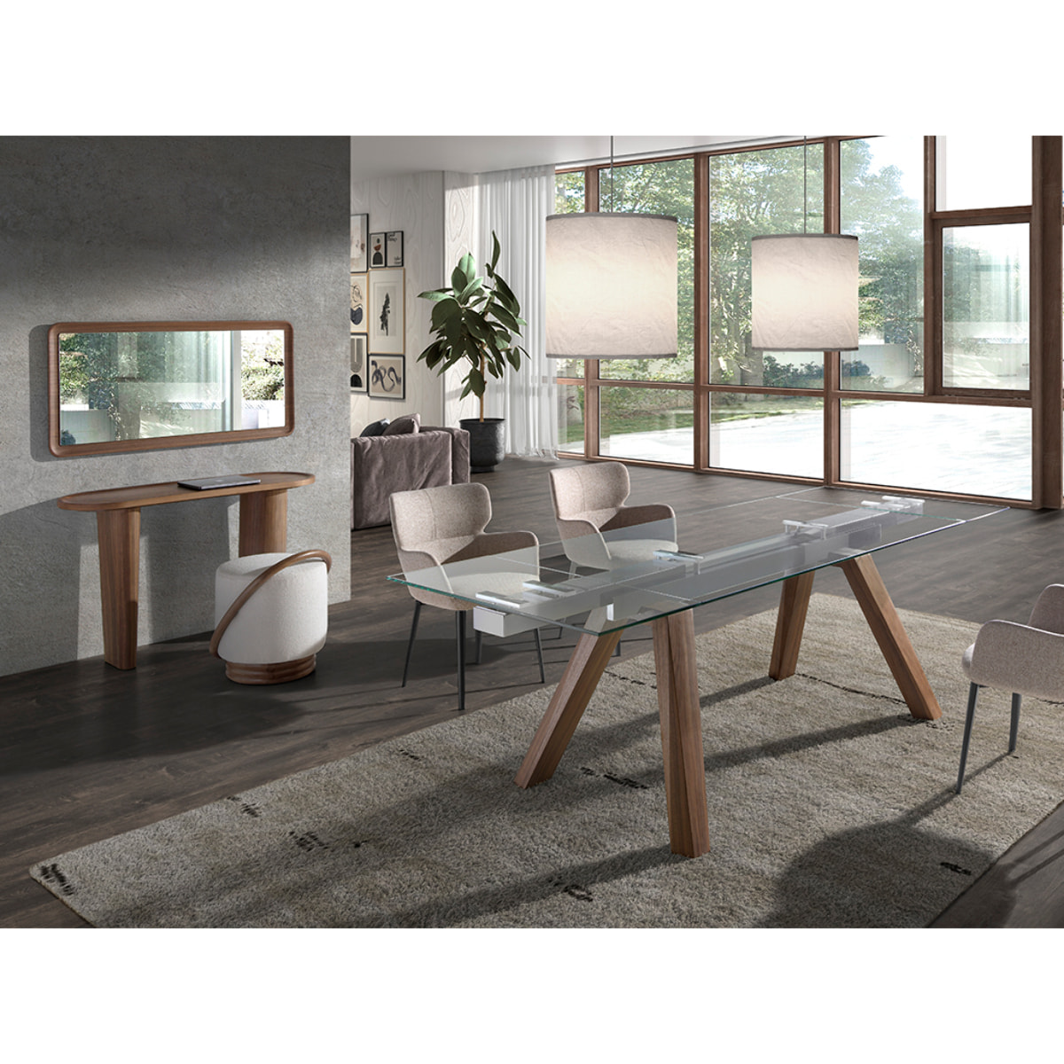 Puff Angel Cerdá con asiento tapizado en tela en blanco base de madera en nogal 52x47x54cm