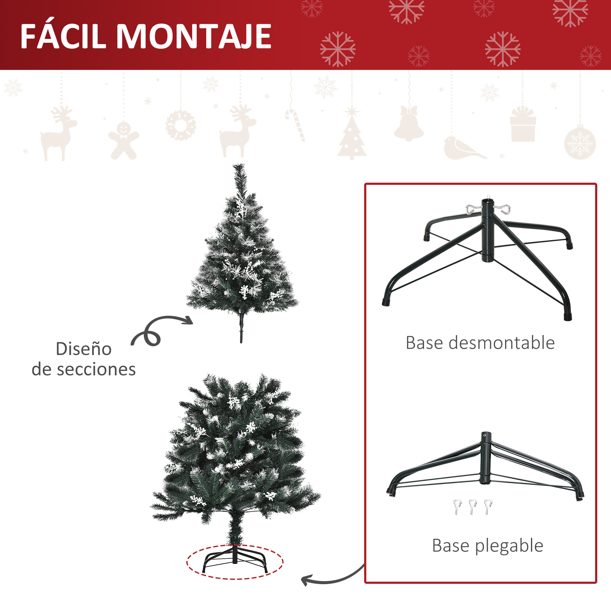 Árbol de Navidad 150 cm Árbol de Navidad Artificial con 378 Ramas 41 Decoraciones Soporte de Acero Base Plegable y Desmontable para Salón Verde
