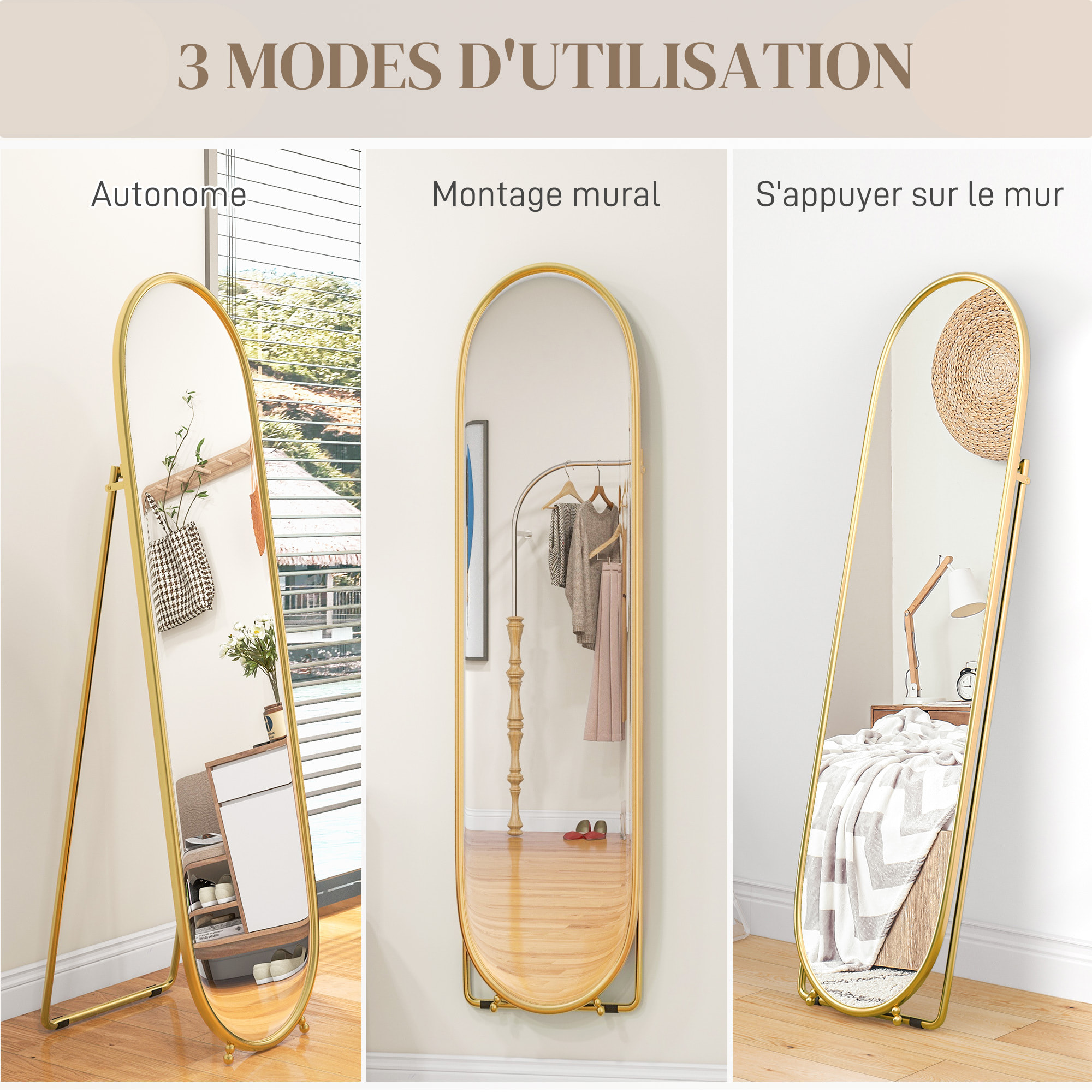 Grand miroir sur pied - miroir mural ovale avec support - dim. 40L x 160H cm - métal doré