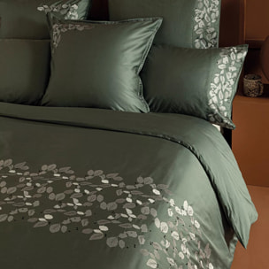Taie d'oreiller satin de coton brodé vert Cayla cedre