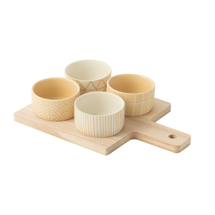 J-Line service à tapas 4 sets + plateau bois - céramique/bois - crème/blanc