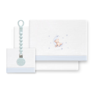 Triptico Cuna Coralina Estampado Oso Luna Estrellas + Broche Bco/Azul