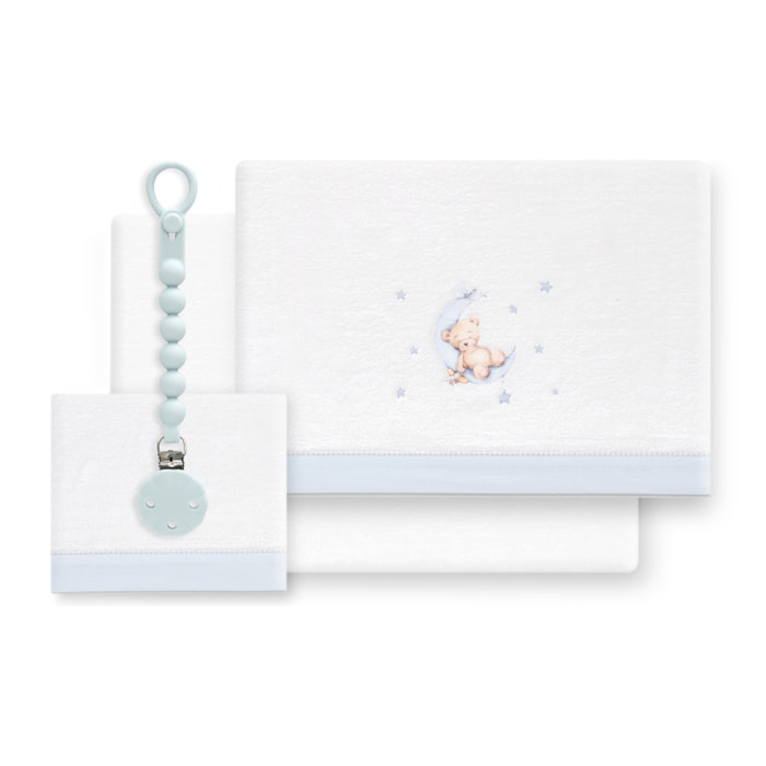 Triptico Cuna Coralina Estampado Oso Luna Estrellas + Broche Bco/Azul