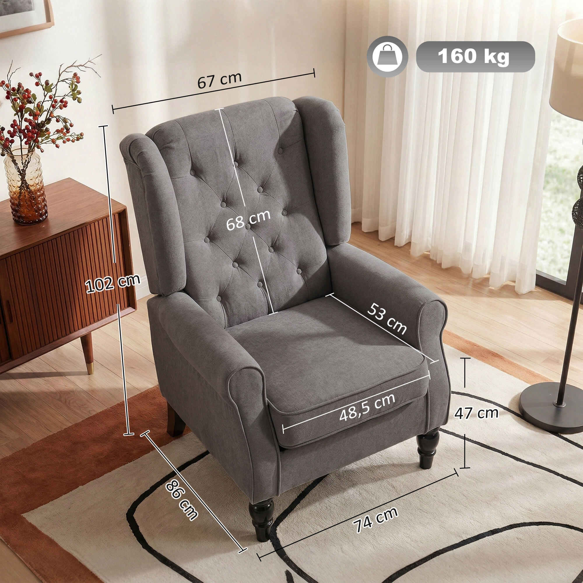 Fauteuil à oreilles style Chesterfield dossier capitonné grand confort bois noir tissu gris foncé