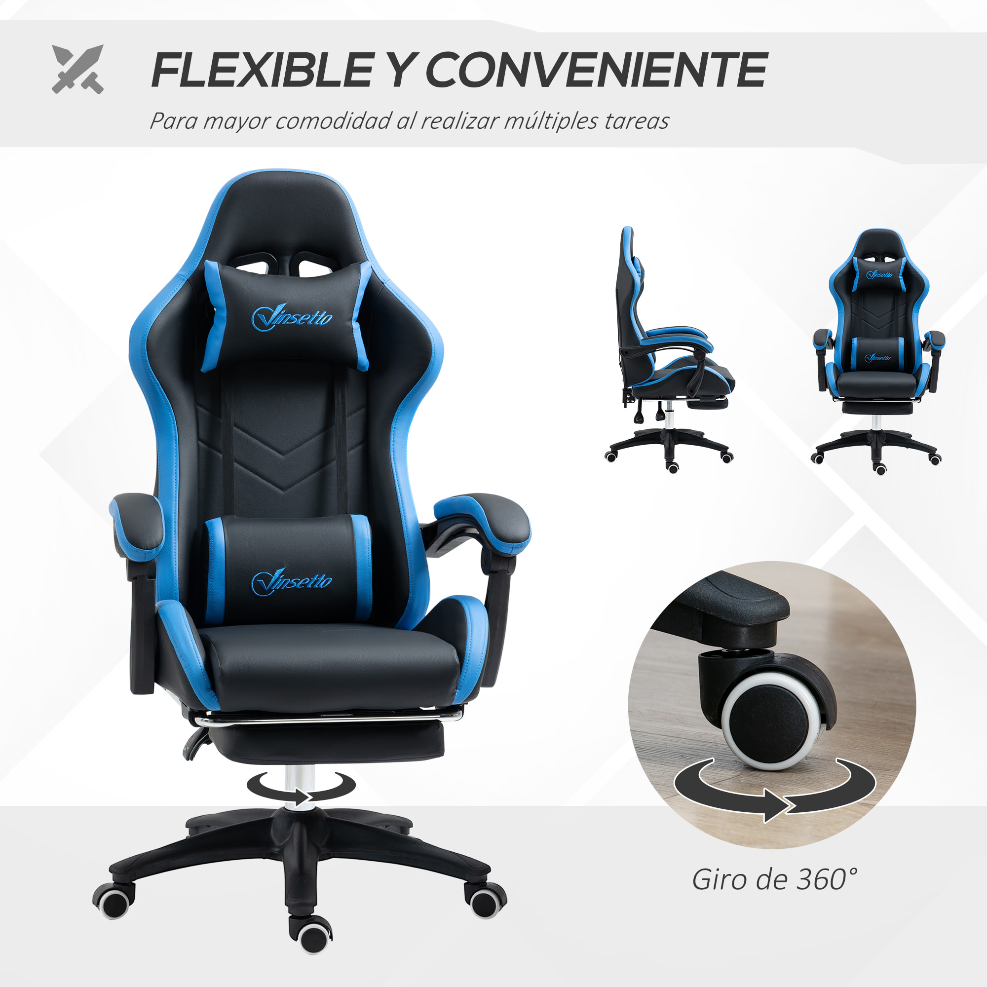 Silla Gaming Ergonómica, Silla Gamer de Cuero PU con Reclinable 135°, Soporte Lumbar, Altura Ajustable, Reposacabezas y Reposapiés Retráctil, para Oficina, Estudio, Negro y Azul