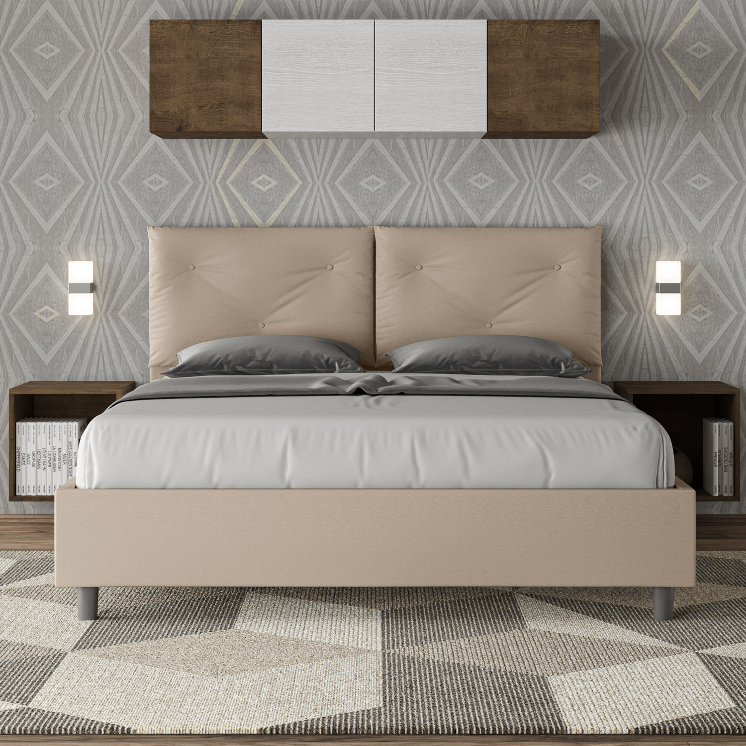 Cama con almacenaje acolchada 160x210 cuero sintético gris paloma Appia