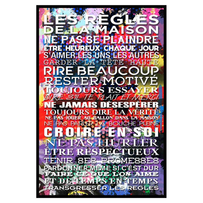 Affiche encadrée Les règles de la maison version artistique colorée Affiche + cadre en métal - Noir