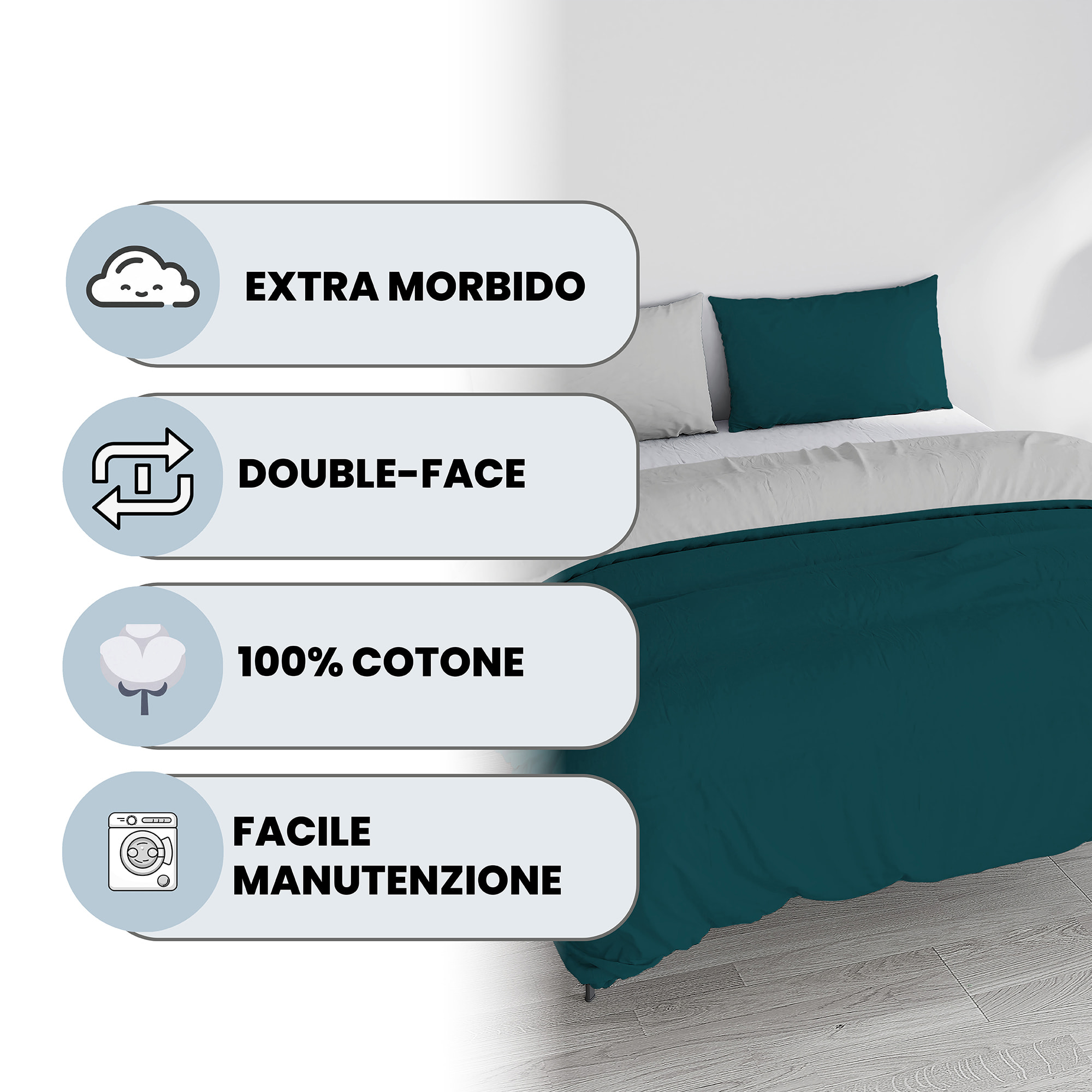 PARURE COPRIPIUMINO NATURAL COLOR, 100% Cotone, Made in Italy - VERDE PETROLIO/GRIGIO CHIARO