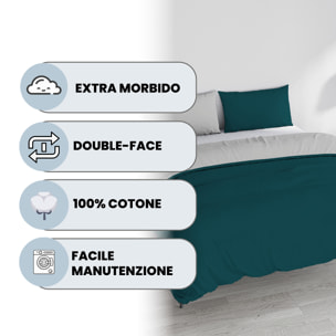 PARURE COPRIPIUMINO NATURAL COLOR, 100% Cotone, Made in Italy - VERDE PETROLIO/GRIGIO CHIARO