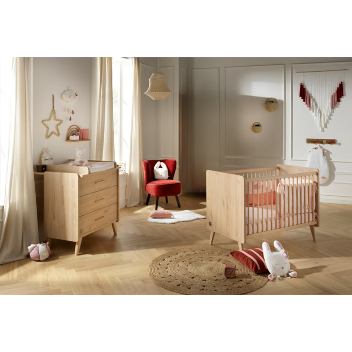 Chambre bébé complète Arty, Lit 120x60 et Commode à langer - Chêne suave