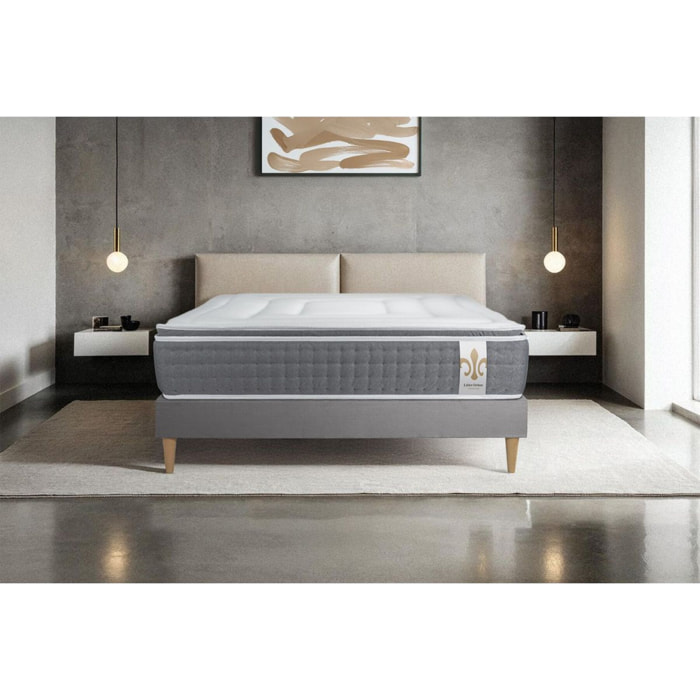 Ensemble Matelas Vingt-Six PLUS - 26cm - Ressorts ensachés et mémoire de forme - Effet nuage - Sommier Tapissier Gris