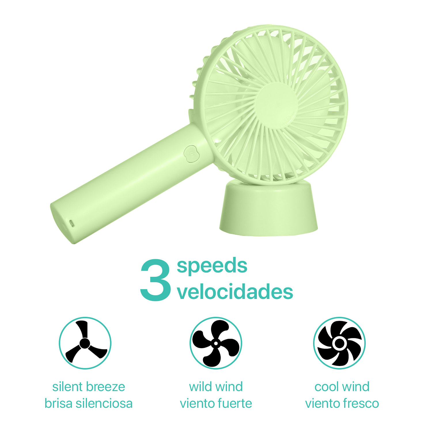 Mini ventilatore portatile con batteria e supporto da scrivania.