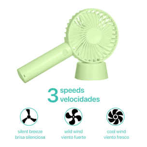 Mini ventilatore portatile con batteria e supporto da scrivania.