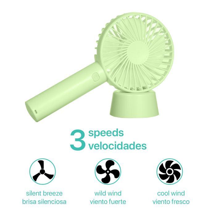 Mini ventilatore portatile con batteria e supporto da scrivania.