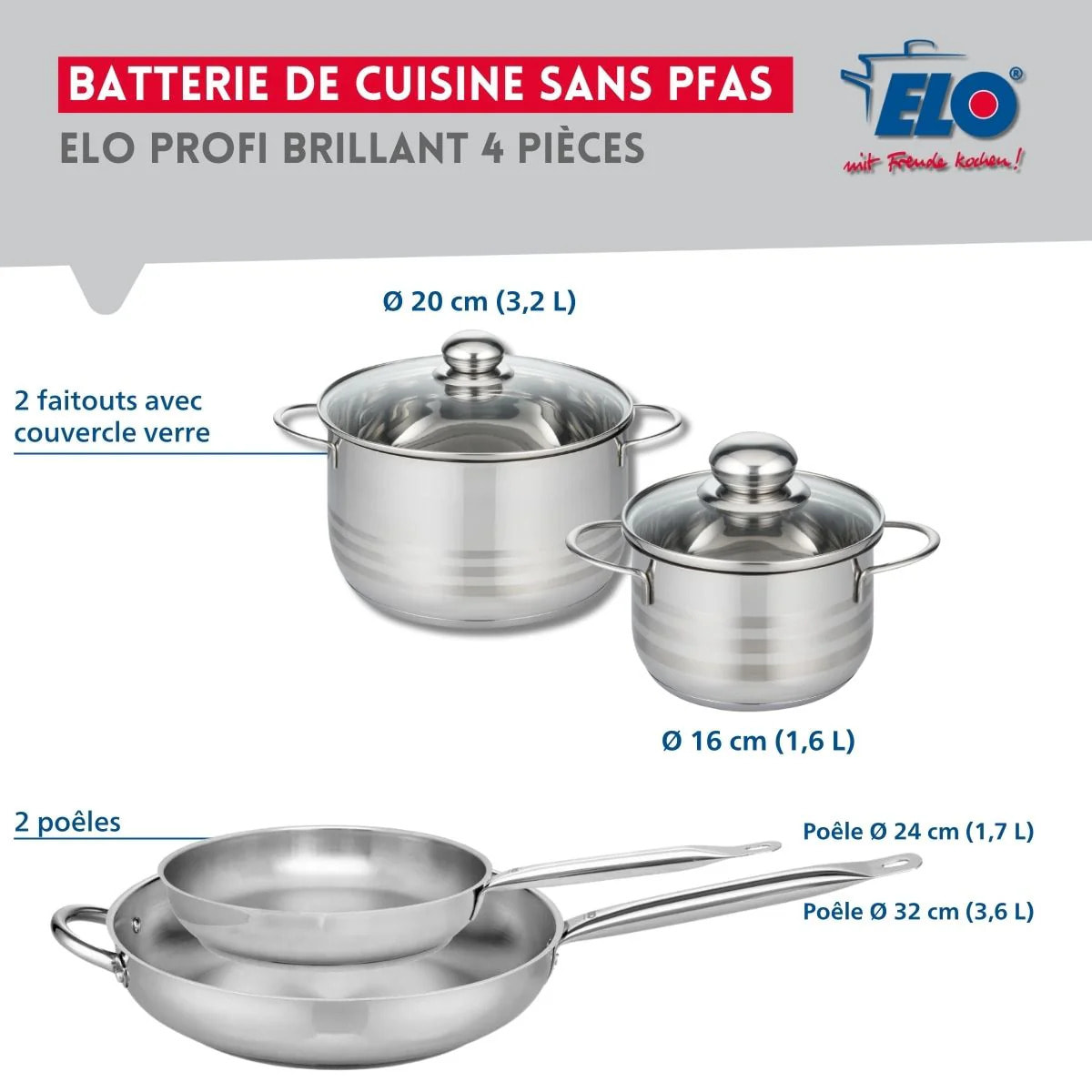 Ensemble de 2 Poêles de cuisson 24 et 32 cm et 2 faitouts 16 et 20 cm Elo Profi Brillant
